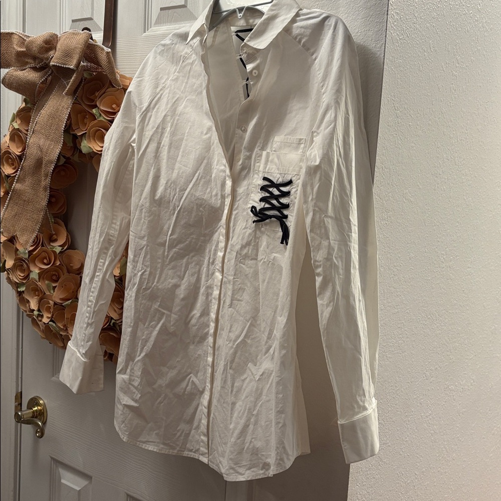 Anne Fontaine Marcus White Button Down Top Lace-Up Back Size 38 / US 4-6